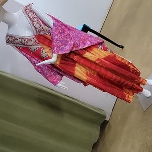 Multi-Color Colorful Vibrant V Neck Maxi Sari Style Dress One Size Fits Most